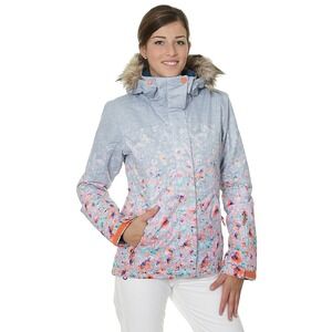 Roxy DryFlight Floral Snowboard Ski Jacket Grey Orange Faux Fur Hood Womens